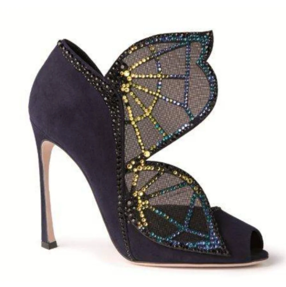 Sergio Rossi Poetic Surrealism night blue butterfly suede heels size 6.5